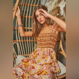 Davi & Dani Multi Smocked Bodice Geo Ruffle Strappy Midi Dress